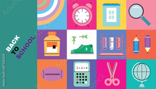 Back to school template design  banner  School stuff, supplies bundle. Stationery, items, accessories,  folder, pencil, pen   Flat vector cartoon  illustration