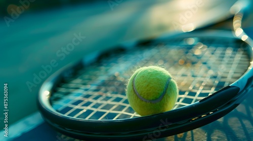 Close-up of a bright green tennis ball on a black tennis racket with blurred blue background photo