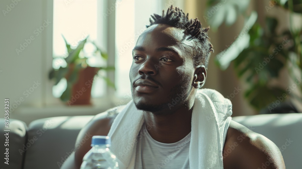 Relaxed Young Man After Workout with Water Bottle at Home with Indoor Plants - Fitness, Wellness, Hydration Concept. Generative ai Relaxed Young Man After Workout with Water Bottle at Home with Indoor Plants - Fitness, Wellness, Hydration Concept. Generative ai