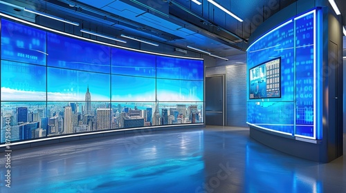 Modern news studio with large LED screens, cityscape backdrop, blue lighting, and high-tech design for broadcasting and presentations.