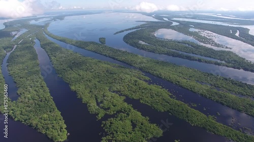 Aerial view of Anavilhas, the biggeste river archipelago of the world, in the Negro River, with  islands covered by igapós, flooded vegetation - Amazon Region - Novo Airão, Amazonas, Brazil