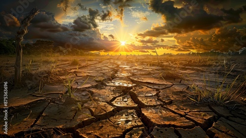 Dramatic Sunset Over Parched Earth with Cracked Soil and Dark Storm Clouds - Environmental Change Concept. Generative ai