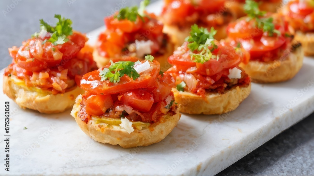 Pintxos with tomatoes and cheese, drizzled with hot sauce. Pintxos with tomatoes and cheese, drizzled with hot sauce.