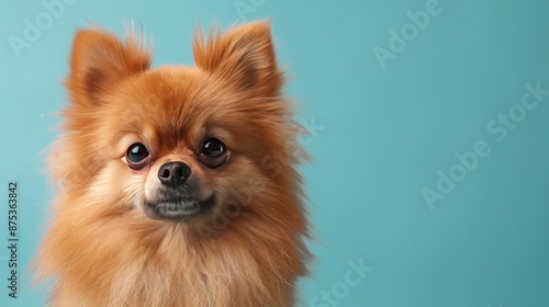 Portrait of cute joyful Pomeranian, pet dog animal banner