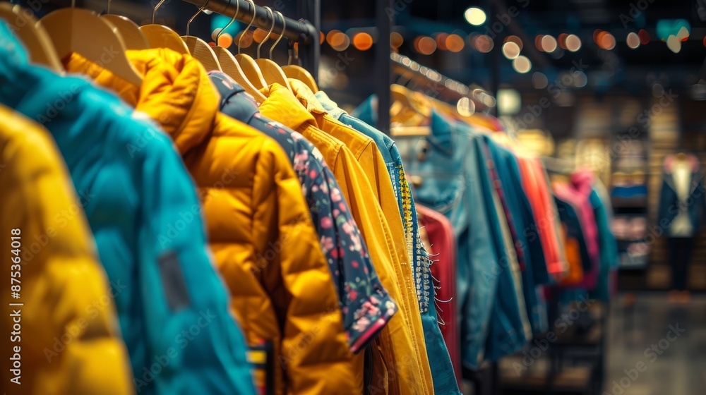 custom made wallpaper toronto digitalColorful Winter Jackets on Display in Boutique Store - Fashion Retail Shopping. Generative ai