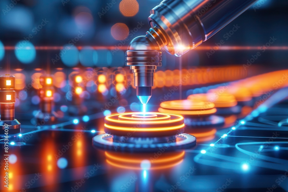 Close-up of advanced robotic machinery working on a futuristic electronic component, highlighting precision and technological innovation. Close-up of advanced robotic machinery working on a futuristic electronic component, highlighting precision and technological innovation.