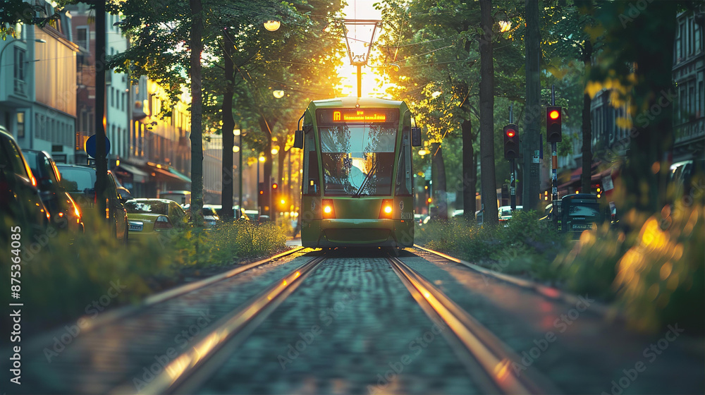Obraz premium Eco friendly tram is running through city street with many green trees on side