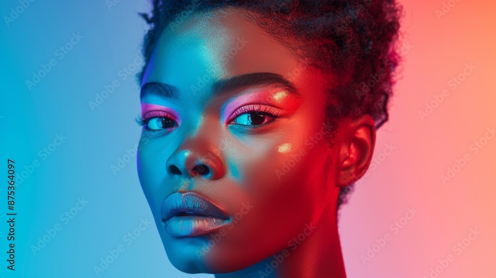 Vibrant Portrait of a Young Multiracial Woman with Colorful Lighting Pink and Blue. Generative ai