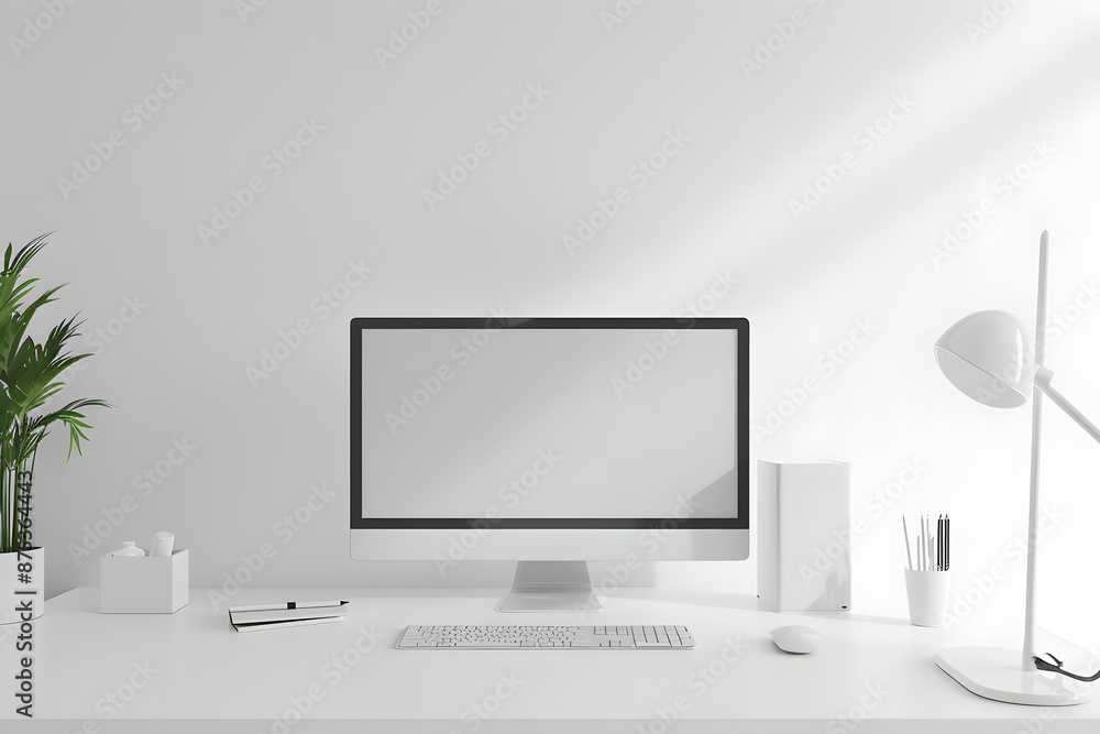 A computer monitor sits on a desk with a lamp and a potted plant A computer monitor sits on a desk with a lamp and a potted plant