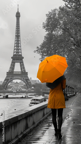 Eiffel tower in Paris in b/w photo, model with a caramel umbrella, selective color.generative ai photo