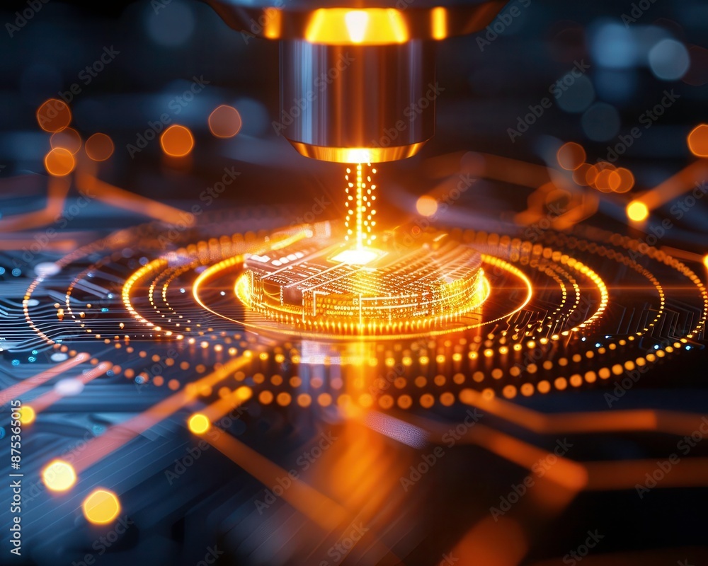High-tech visual of laser precision manufacturing in a futuristic circuit board. Perfect for technology and innovation concepts. High-tech visual of laser precision manufacturing in a futuristic circuit board. Perfect for technology and innovation concepts.
