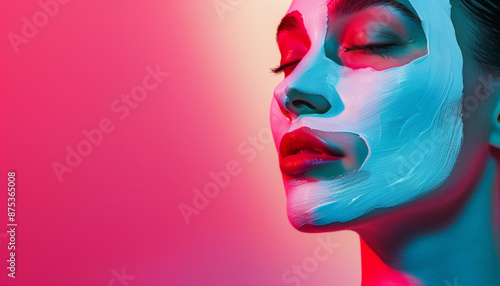 Bright neon color background and woman with collagen mask on face.