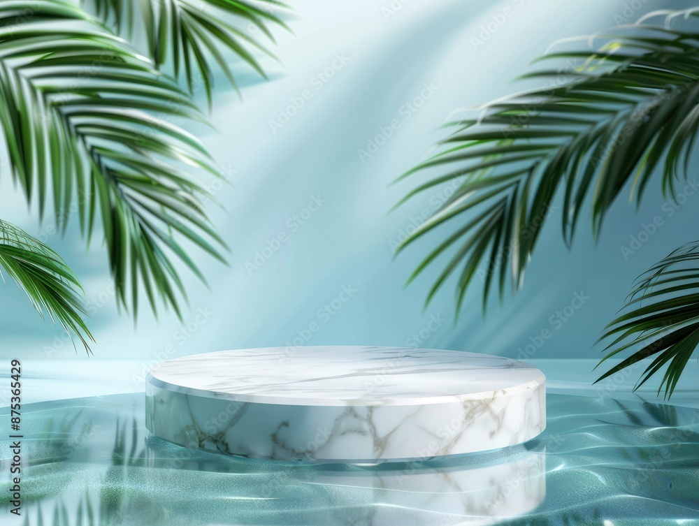 Top view of marble podium stand in swimming pool water with palm leaves. Summer tropical background for luxury product placement. Top view of marble podium stand in swimming pool water with palm leaves. Summer tropical background for luxury product placement.