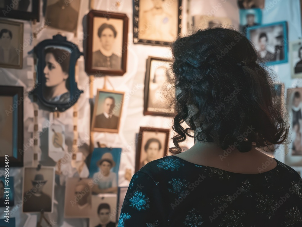 Tracing Ancestry Through DNA Woman Hangs Old Family Photos on Wall ...