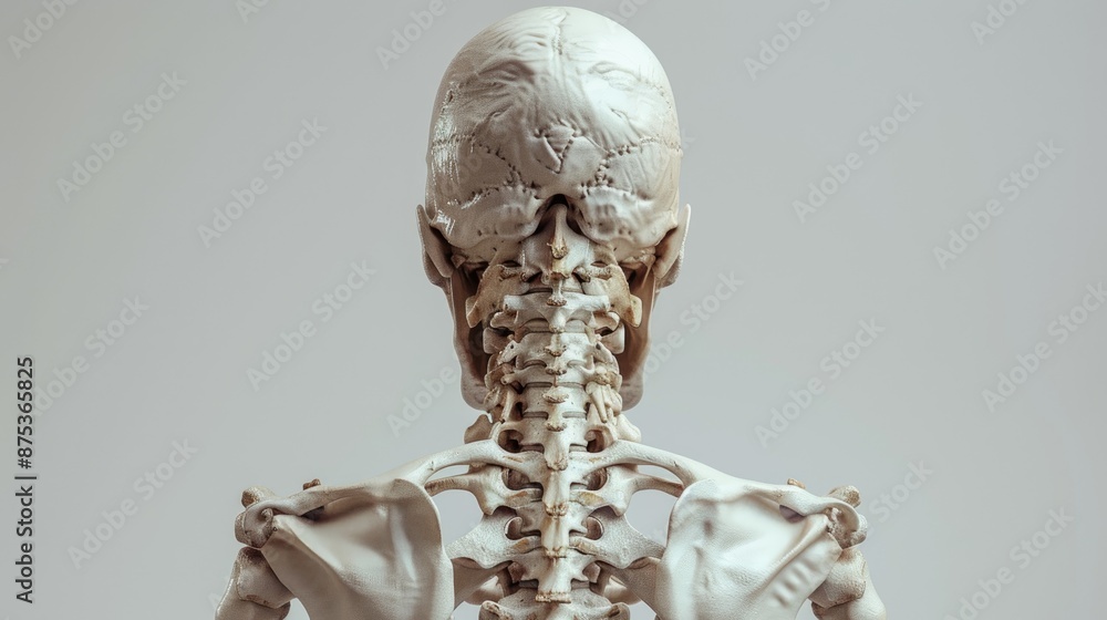 Rear view of a human skeleton model showing the spinal column and skull against a neutral background, ideal for medical and educational purposes. Rear view of a human skeleton model showing the spinal column and skull against a neutral background, ideal for medical and educational purposes.