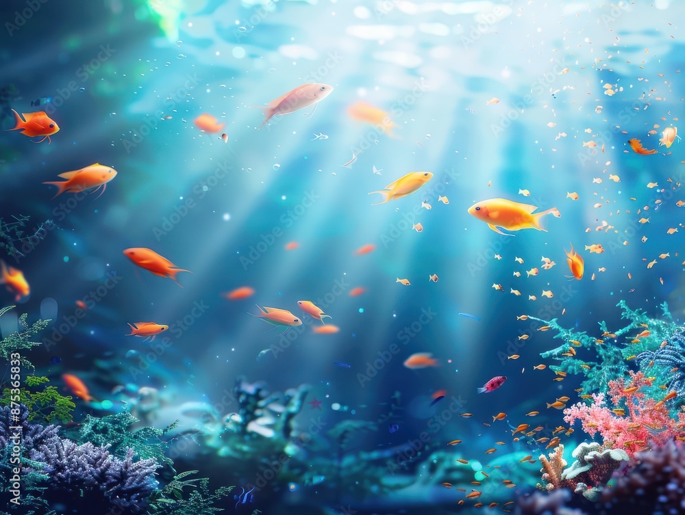 Fototapeta premium underwater coral reef seascape background with small colorful fish and transparent water
