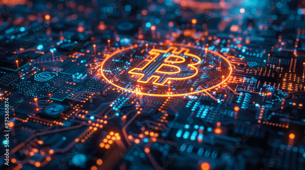Fototapeta premium Futuristic Bitcoin Network: Vibrant Digital Cryptocurrency and Blockchain