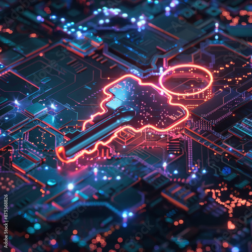 A neon cyber key floating over a digital network, conceptualizing encryption and cybersecurity. 3D rendering.