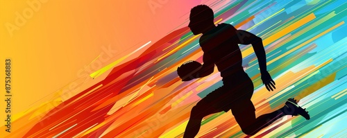Dynamic silhouette of a runner against a vibrant, abstract colorful background, depicting speed and energy in sports and fitness.