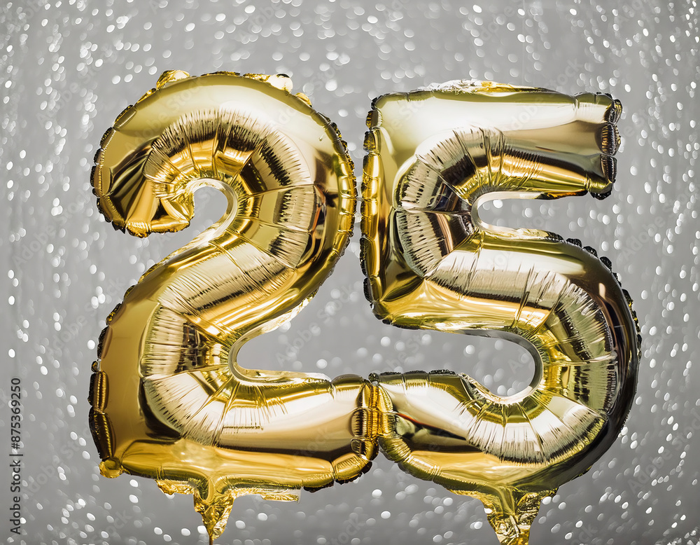 Golden number 25 celebration balloon on a silver background. Birthday greeting card with inscription 25. Anniversary concept. Golden number 25 celebration balloon on a silver background. Birthday greeting card with inscription 25. Anniversary concept.