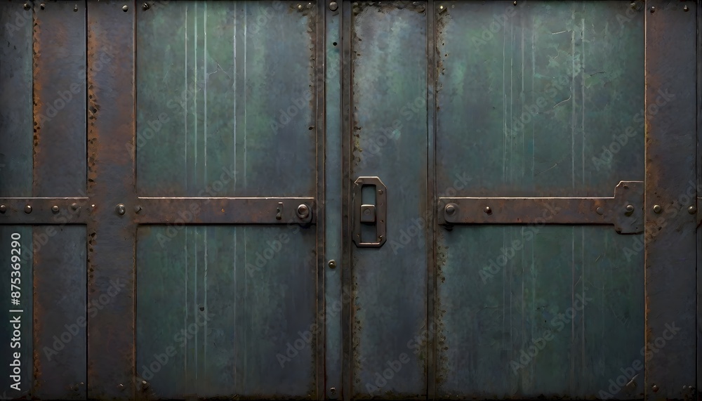 Close up of a weathered metal door with a small rectangular mail slot with visible rust and green paint streaks, Generative AI. Close up of a weathered metal door with a small rectangular mail slot with visible rust and green paint streaks, Generative AI.