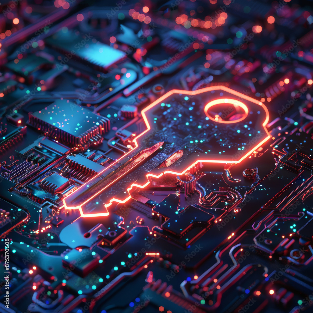 A neon cyber key floating over a digital network, conceptualizing encryption and cybersecurity. 3D rendering. A neon cyber key floating over a digital network, conceptualizing encryption and cybersecurity. 3D rendering.