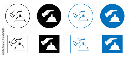 Hand touching service bell icon set. Service ring urgent vector symbol in a black filled and outline style. Editable stroke.