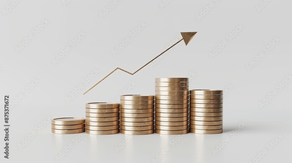 Stacked coins resembling a bar graph with an upward arrow, representing financial growth, investment, and economic success on white background. Stacked coins resembling a bar graph with an upward arrow, representing financial growth, investment, and economic success on white background.