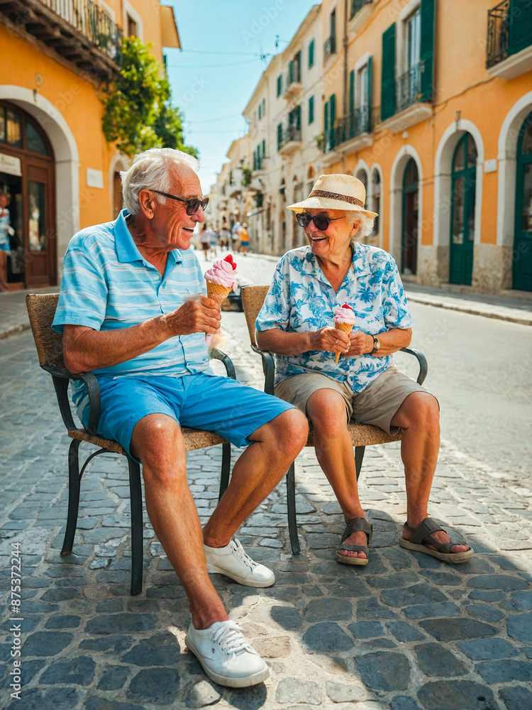 custom made wallpaper toronto digitalAn older couple sitting on a bench eating ice cream. Scene is happy and relaxed