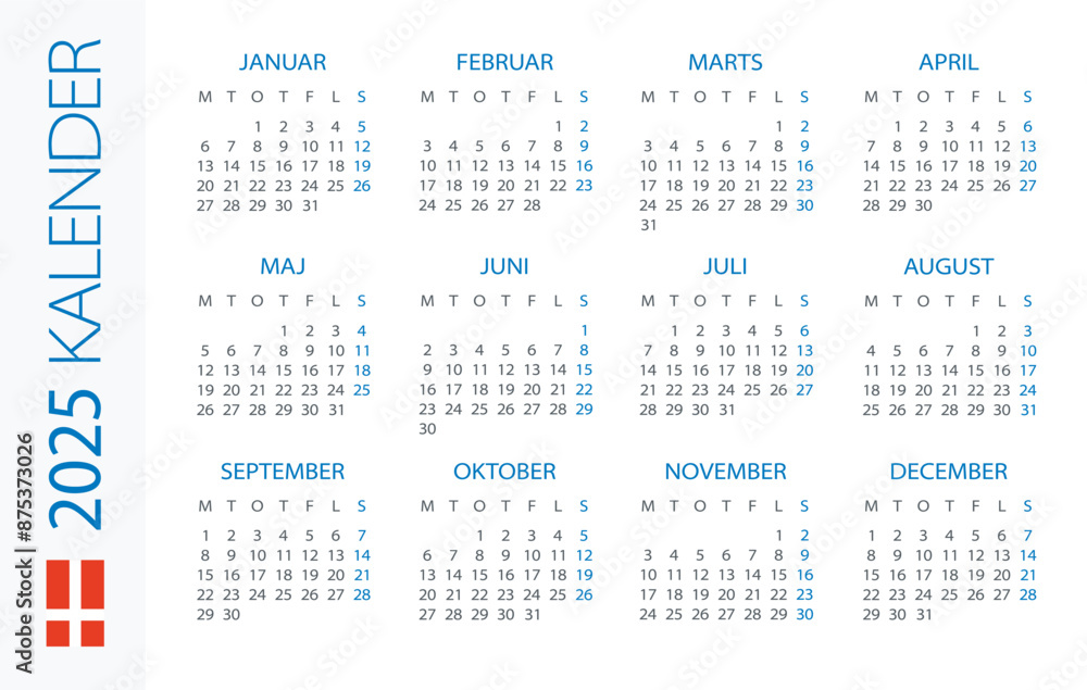 Calendar 2025 Horizontal - illustration. Danish version Calendar 2025 Horizontal - illustration. Danish version