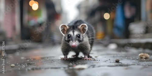 Opossum in tattered jacket scavenging for food scraps in urban setting. Concept Urban Wildlife, Scavenging Behavior, Opossum Survival, Tattered Clothing, Unexpected Encounters photo