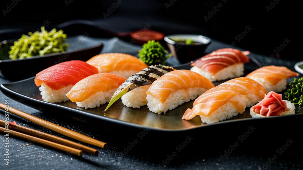 sushi on a plate with chopsticks and sauce sushi on a plate with chopsticks and sauce