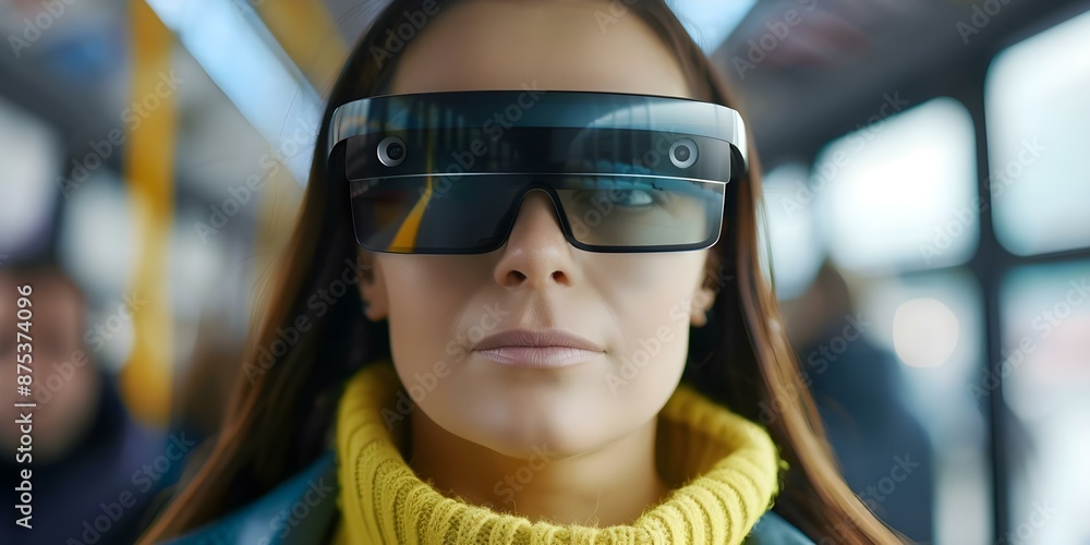 Navigating a bus using AR glasses stock photo concept. Concept Bus Navigation, Augmented Reality Glasses, Technology in Transportation, Urban Travel, Public Transportation Navigating a bus using AR glasses stock photo concept. Concept Bus Navigation, Augmented Reality Glasses, Technology in Transportation, Urban Travel, Public Transportation