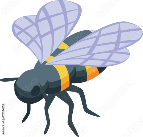 Large bee with spread wings is flying and preparing to pollinate flowers