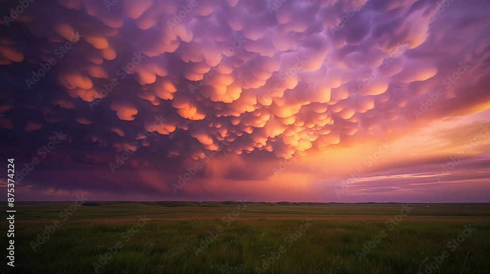 Fototapeta premium Mammatus clouds, round cloud formations hanging in the orange and purple evening sky, Ai generated Images