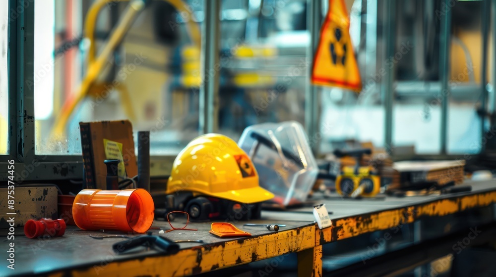 Adverse event in a workplace with safety equipment and warning signs Adverse event in a workplace with safety equipment and warning signs