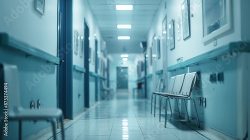 A hospital hallway with a blue door and a red fire extinguisher. Generate AI image © Ghiska