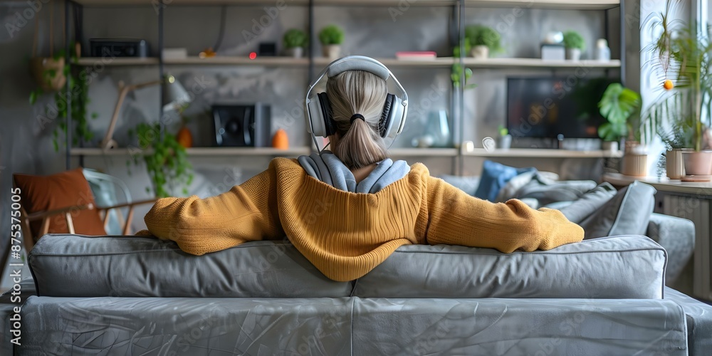 Obraz premium Woman in headphones relaxing on sofa listening to music at home. Concept Relaxing at Home, Listening to Music, Woman in Headphones, Sofa, Lifestyle