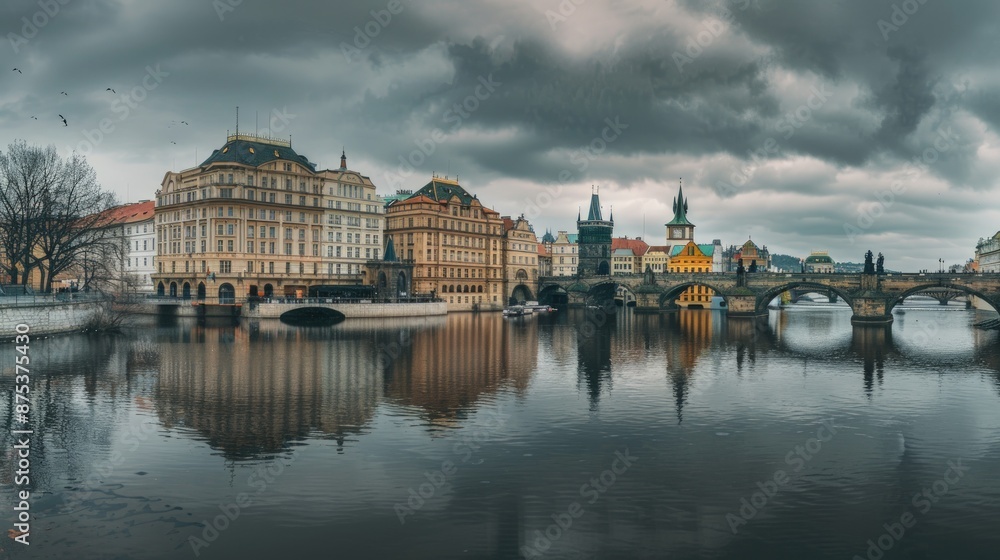 Obraz premium A city with a river running through it and a bridge over it. Generate AI image