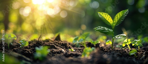 Small sprout growing in fertile soil with radiant sunlight, symbolizing new beginnings and growth in a natural environment.