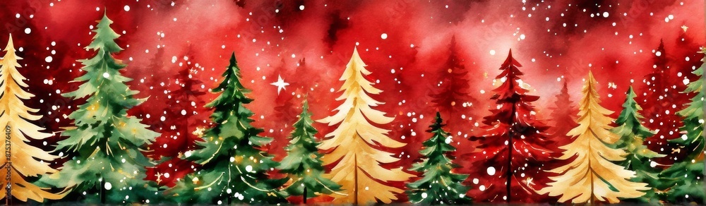 A banner with a picture of Christmas trees. The unique design and color, the background with golden stars creates a cozy and festive atmosphere, with a place for text. A banner with a picture of Christmas trees. The unique design and color, the background with golden stars creates a cozy and festive atmosphere, with a place for text.