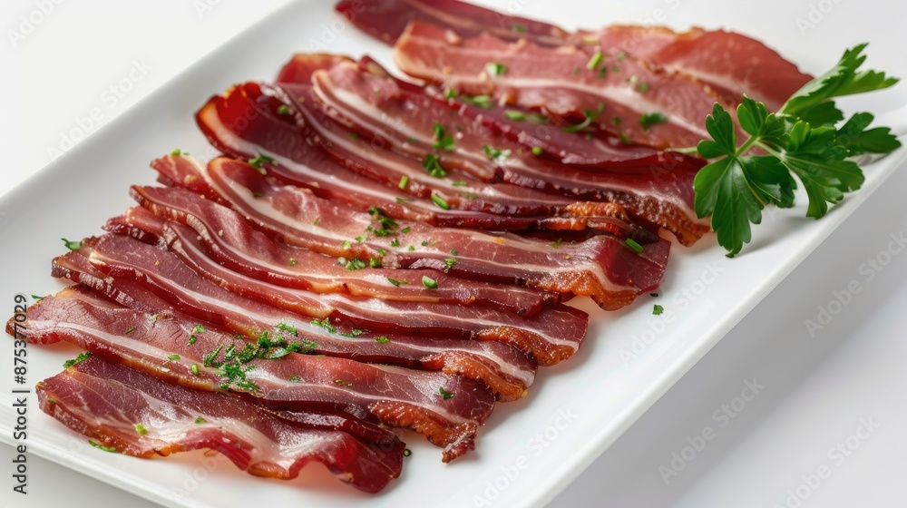 Thin slices of delicious cured ham arranged on a white rectangular plate, garnished with fresh herbs for added flavor. Thin slices of delicious cured ham arranged on a white rectangular plate, garnished with fresh herbs for added flavor.