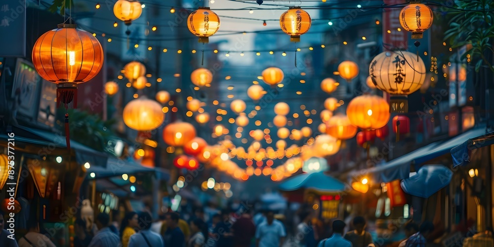 Vibrant Asian Market Scene at Dusk Lanterns, People, and Cultural Energy. Concept Asian Market, Dusk Lanterns, Cultural Energy, People, Vibrant Scene Vibrant Asian Market Scene at Dusk Lanterns, People, and Cultural Energy. Concept Asian Market, Dusk Lanterns, Cultural Energy, People, Vibrant Scene
