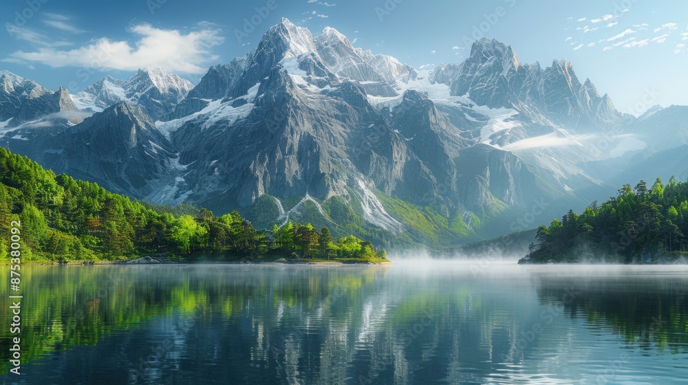 Snow-capped mountain peaks reflecting in a tranquil lake, surrounded by lush green forests, with a clear blue sky and scattered clouds. Snow-capped mountain peaks reflecting in a tranquil lake, surrounded by lush green forests, with a clear blue sky and scattered clouds.