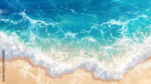 Vivid Coastal Illustration Showing Turquoise Waves Meeting Sandy Beach Perfect For Decorative, Travel, And Lifestyle Content