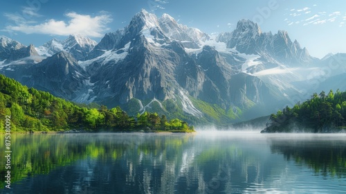 Snow-capped mountain peaks reflecting in a tranquil lake, surrounded by lush green forests, with a clear blue sky and scattered clouds.