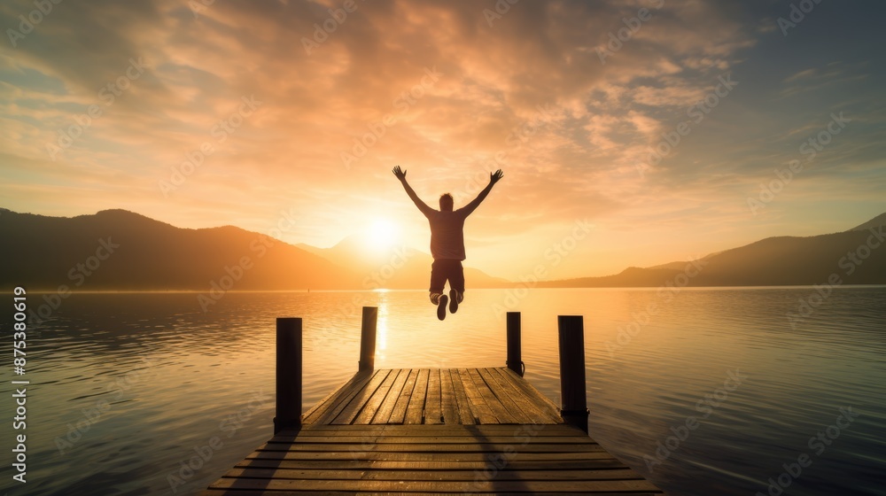 Fototapeta premium Man doing jumping jacks on a pier at sunrise