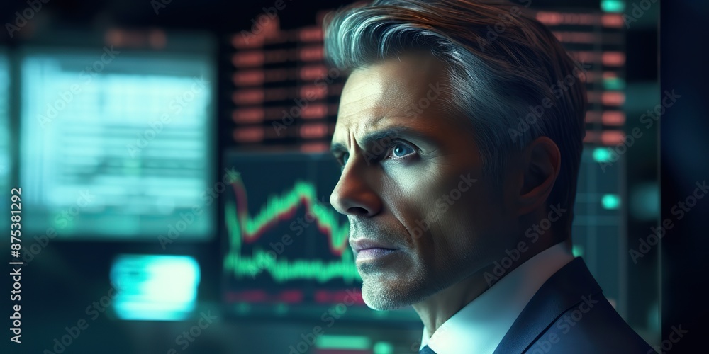 Male Businessman analyzing bank stock charts data finance diagram interface background scene Male Businessman analyzing bank stock charts data finance diagram interface background scene