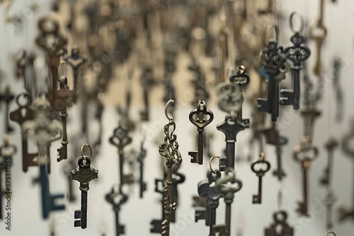 A collection of antique keys suspended in mid-air, forming a winding path