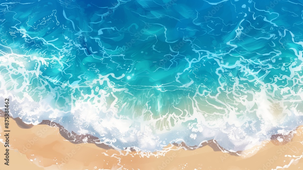 Ocean Tide from Above on White Sandy Beach, Anime Style Illustration Ocean Tide from Above on White Sandy Beach, Anime Style Illustration